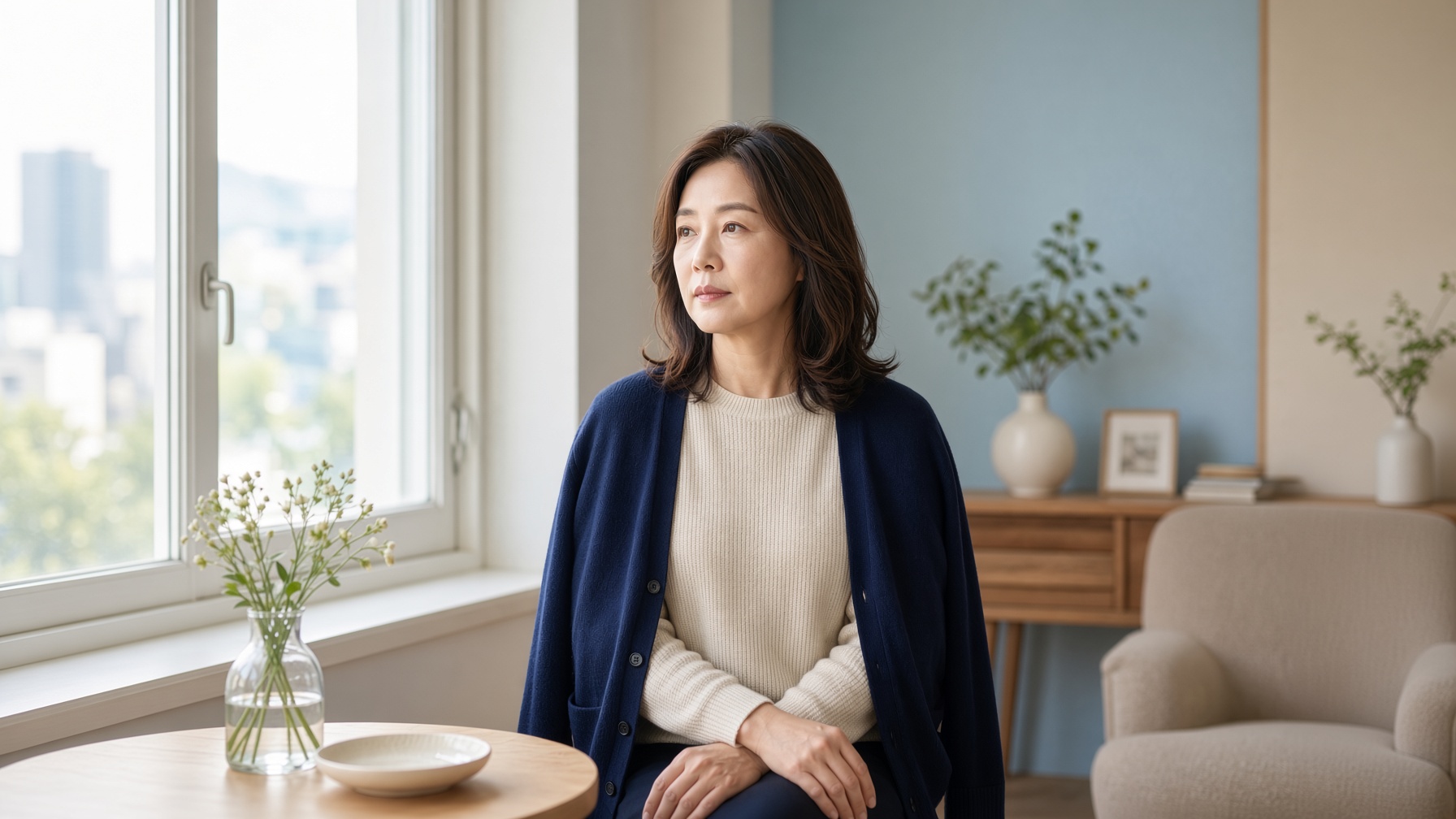 녹내장 초기증상을 걱정하며 창밖을 바라보는 한국인 중년 여성
