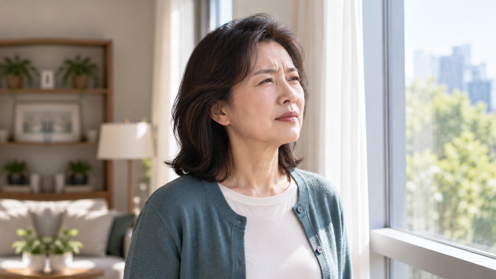 밝은 창가에서 눈을 살짝 가늘게 뜨고 바깥을 바라보는 중장년 여성