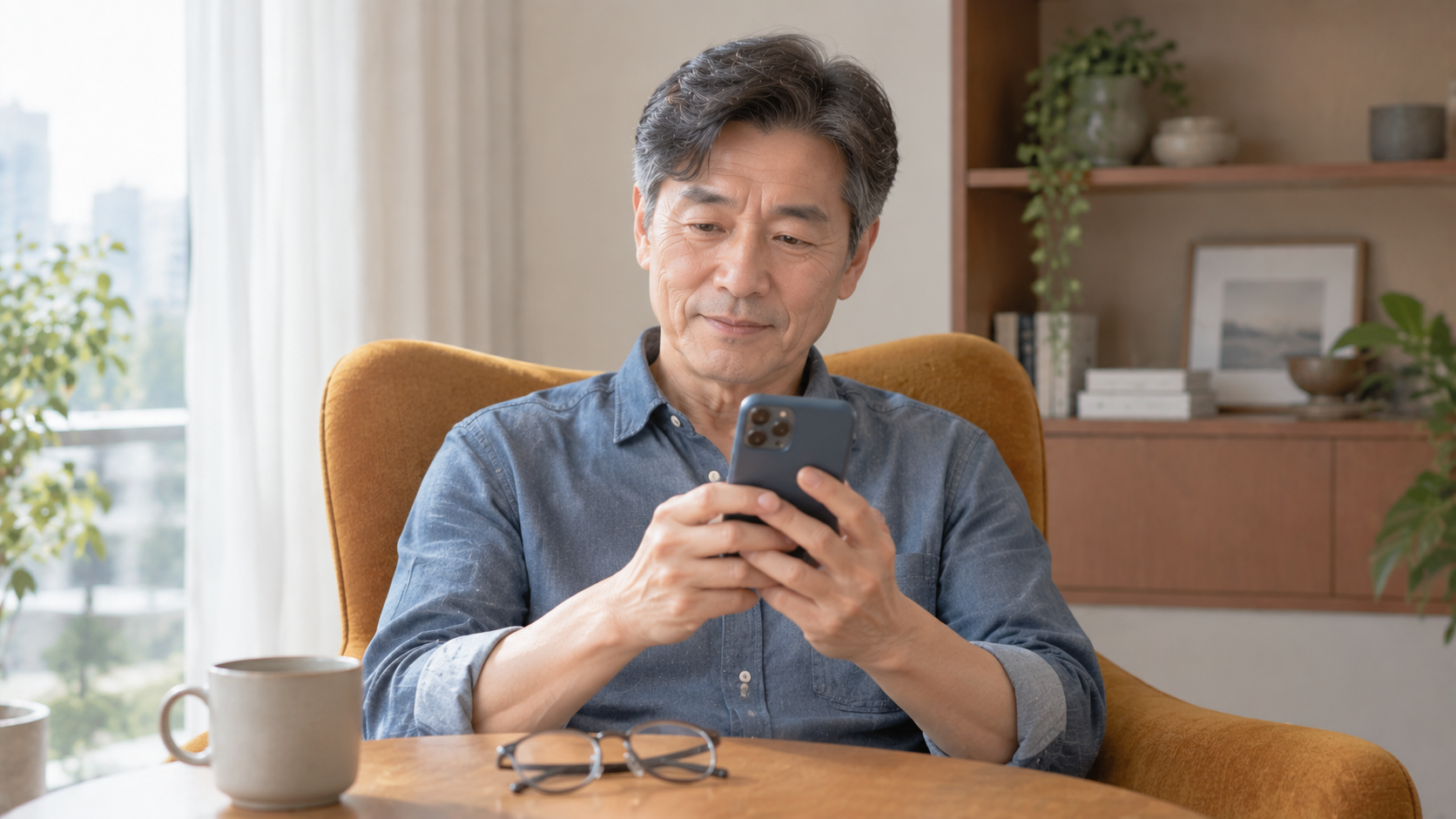 안경 없이 휴대전화를 바라보는 중년 남성과 아래쪽 테이블에 놓인 접힌 안경