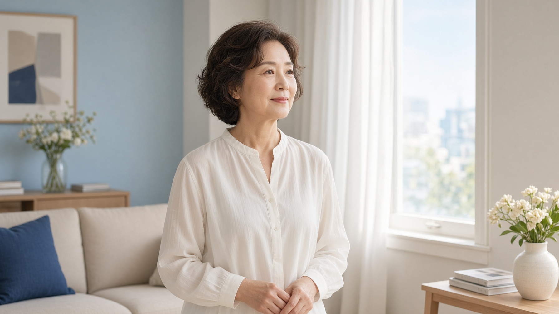 밝은 창가에서 흰 커튼을 바라보는 60대 한국인 여성