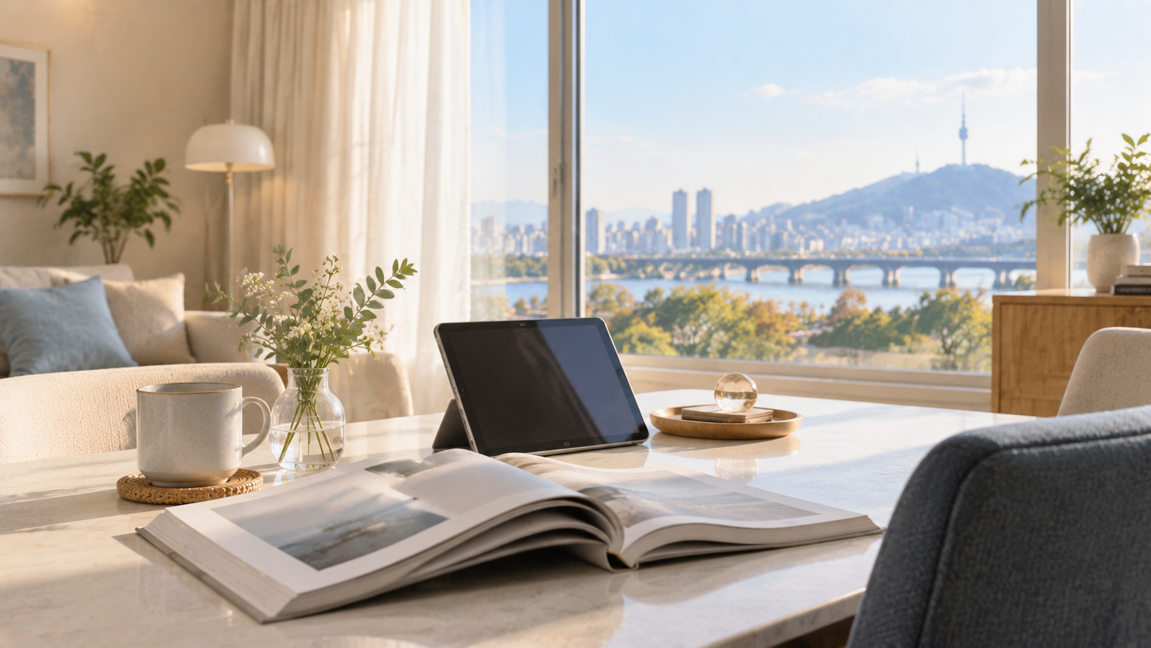 책과 태블릿, 창밖이 함께 보이는 거실 테이블