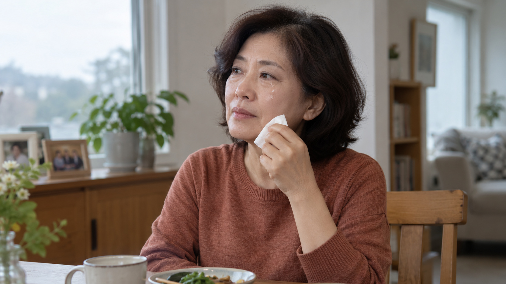 볼에 흐른 눈물 때문에 하던 일을 멈추고 휴지를 든 성인